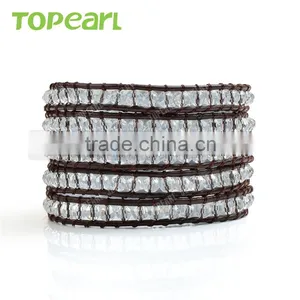 Topearl Jewelry Faceted White Crystal Charm Bracelet Woven Leather Wrap Bangle 33.5 Inches CLL137 thumbnail-1