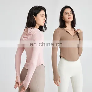 Women Slim Compression Half Zipper Sports Yoga Hoodie Gym Fitness Wear Pullover Crop Top Long Sleeve Workout Exercise Jacket thumbnail-1