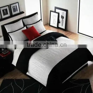4pcs Embroidery Patchwork Stripe Cotton Comforter Sets 205TC King Size White Black Color thumbnail-1