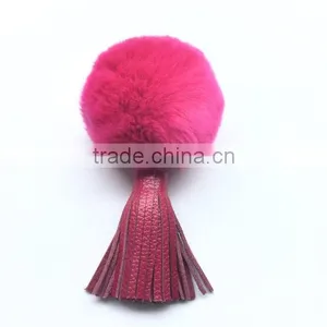 Fuchsia Rabbit Fur Bag Charm Pendant With Real Leather Tassel Supplier's Choice thumbnail-2