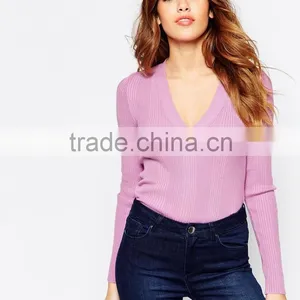 Deep V Sweater Sweater Women v Neck Thin Sweater Pink Casual v Neck Tight Sweater thumbnail-1