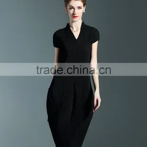 Solid Colors Women Draped V Neck Lantern Dresses With Short Sleeve thumbnail-3