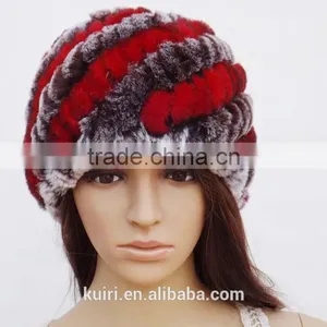 Rex Rabbit Fur Hats Fur Striped Knitted Cap for Women Genuine Rabbit Fur Hat Cap Winter Warms Hats thumbnail-2