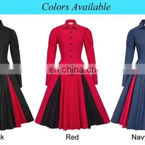 Belle Poque Victorian Style Long Sleeve Shirt Collar Contrast Color Red Retro Vintage Swing Dress BP000366-2 thumbnail-6