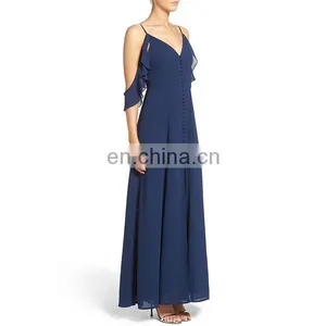 New Arrival Women Clothes Fluttery Short Sleeves Ladies Dress Off the Shoulder Front Slit Chiffon Maxi Dress thumbnail-3