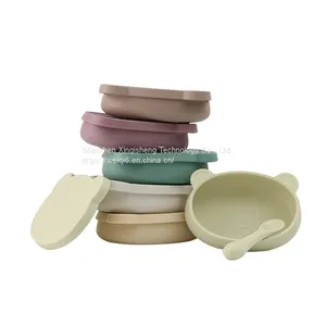 Cute Animal Bear Kids Tableware Dinner Dish Feeding Plate With Lid Baby Silicone Tableware thumbnail-1