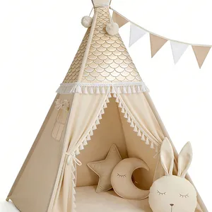Kids Teepee Play Tent - Natural Cotton Canvas Foldable Indoor/Outdoor Playhouse for Toddlers Ages 2-6 (White, Boys & Girls) thumbnail-1
