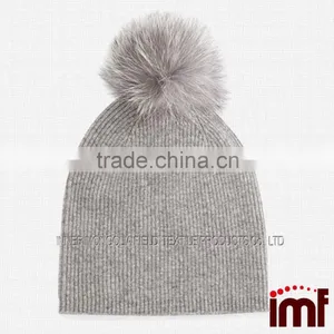 Cashmere Fur Pom Poms Beanie Fashion Winter Hat for Young Girls thumbnail-3