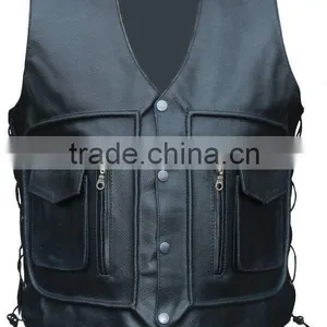 NEW MENS LEATHER WAIST COAT MOTORCYCLE CARGO POCKET VEST thumbnail-1