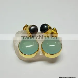 Aqua Chalcedony & Black Pearl Cab Vermeil Sterling Silver Earrings, Fashionable Bezel Earrings, Designer 925 Silver Earrings thumbnail-1