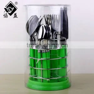 24pcs Color Handle Stainless Steel Flatwre With Plastic Handle In Metal Basket thumbnail-1