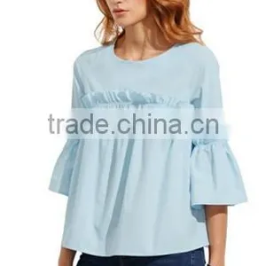 Women's Bell Sleeve Ruffle Trim Round Neck Pleated Blouse thumbnail-3