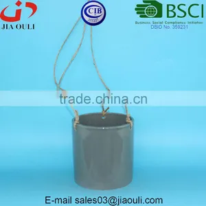 Glazed Grey Hemp Rope Hanging Ceramic Planter Pot thumbnail-1