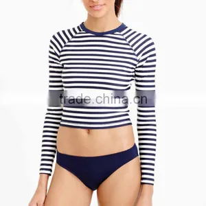 OEM Summer Woman Surf Cycling Couple Sublimated Stripe Cropped Long Sleeve Custom Printed Rash Guard thumbnail-3