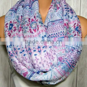 Infinity Scarf for Women, Boho Spring Summer, Blue, Pink, White, Women's, Teen Gifts, Bohemian Viscose Fabric Circle Loop Scarve thumbnail-2