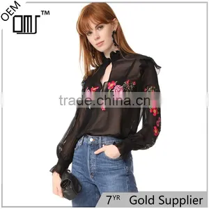 2017 OEM Peony Embroidered Silk-chiffon Button Keyhole Ruffle Blouse thumbnail-1