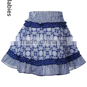 Latest Skirt Design Pictures 2016 Girls Blue Floral and Stripe Print Short Skirt Supplier's Choice thumbnail-1