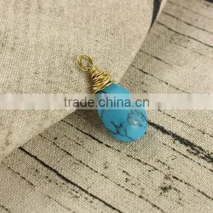 JF6928 Gold Wire Wrapped Natrual Turquoise Waterdrop Teardrop Pendant thumbnail-1