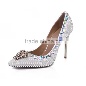 Love Heart Diamond Wedding Heels, High-end Leather White Wedding Shoe for Bridal Handmade With Peal Mask Face thumbnail-3