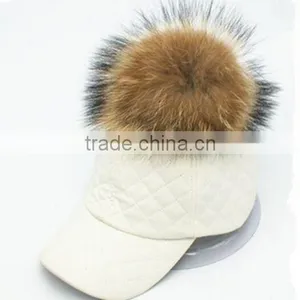 Fashion Genuine Raccoon Fur Pompom Hat New PU Leather Baseball Snapback Cap Unisex Woman Man Hat With Real Raccoon Fur Balls thumbnail-2
