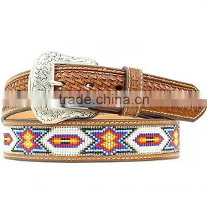 BASKETWEAVE EMBOSS WESTERN MEN BEADED INLAY LEATHER BELT thumbnail-1