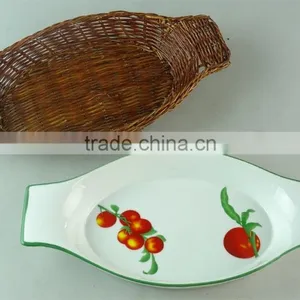 Decal Ceramic Oval Shape Ceramic Bakeware Bake Plate With Basket Mat for Decoration and Heat Protection in Stock thumbnail-2