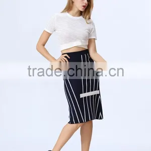 2016 New Arrival White & Black Stripe Knited Crop and Skirt Co-ord Set thumbnail-2