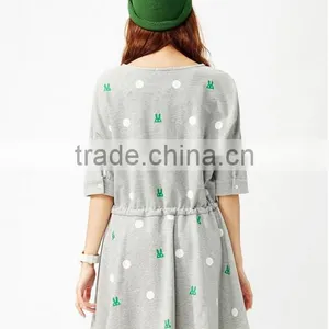 Female Money Shallow Hemp Grey Knitted Rabbit Dot Printing on the Waist Rope Bat Sleeve Dress thumbnail-2