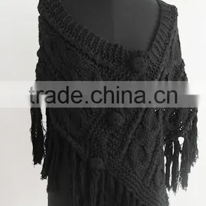 Fashion Black Hand Made Cable Knit Poncho Sweater thumbnail-1