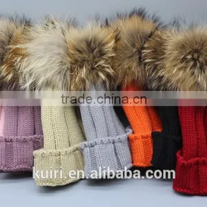 Winter Kids Fur Pom Pom Hats Baby Knitted Beanie 100% Real Raccoon Fur Cap For Boy Girl thumbnail-1