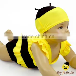 Kids Cute Unisex Remake Props Bee Cosplay Yellow And Black Flutter Sleeve One Piece Beach Clothes With Cap 2pcs Swimwear thumbnail-2