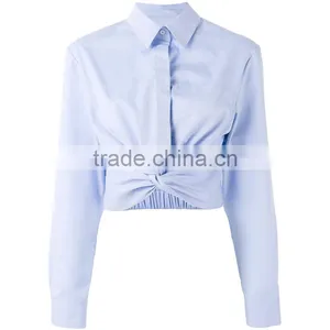 Twist New Design Plain Blue Blouse for Women Long Sleeve Shirt thumbnail-6