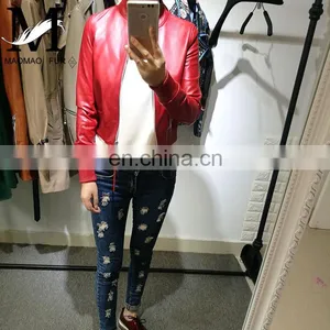 2017 Slim Red Leather Jacket Design Motorcycle Leather Ladies Short Jacket thumbnail-3