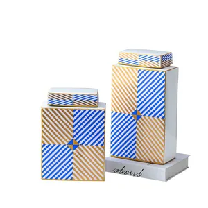 European Simple Style Blue Square Sheet Painting Cube Ceramic Flowers Vases With Lid For Study thumbnail-1