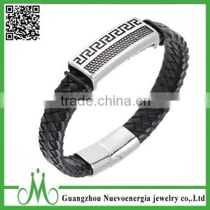 Latest Design Wide Braided Leather Bracelet Men Black Genuine Leather Bangle 316L Stainless Steel Magnetic Clasp thumbnail-1