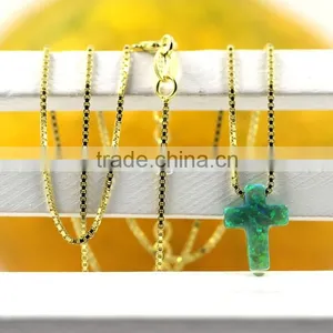 Synthetic Kiwi Green Opal Cross Pendant With 18K Plated 925 Sterling Silver Chain Necklace thumbnail-4