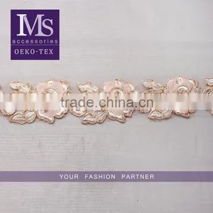 Hot Sale 9cm Width Sweet Pink 3D Flowers Guipure Lace Trim Embroidery thumbnail-1