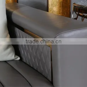 Artistic Grey Color Genuine Leather Living Room Sofa, Golden Color Stainless Steel Coffee Table With Marble Top(MOQ=1 SET) thumbnail-3
