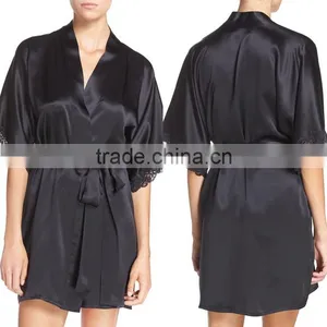 China Wholesalers Customized Personalized Plus Size Fashion Sexy Silk Solid Black Satin Robe thumbnail-1