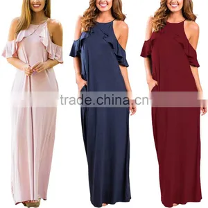 Wholesale Boutique Clothing China Women's Casual Cold Shoulder Ruffle Long Dresses for Women Islamic thumbnail-1