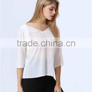 See-through White Chiffon Three Quarter Sleeve Casual Loose Blouse/Top for Ladies/Women thumbnail-2