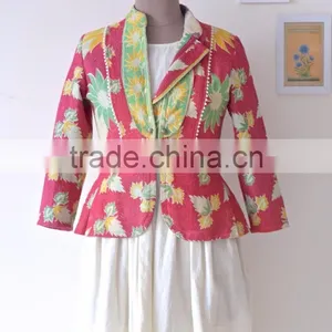Handmade Vintage Kantha Boho Jacket in One of a Kind Fuschia & Green Print ~ Small thumbnail-2