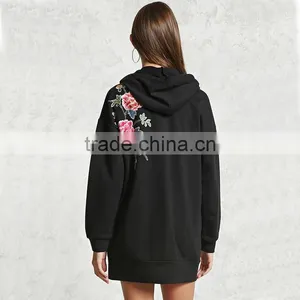 High Quality Windproof Blcak Embroidered Floral Hoodie Womens Long Jackets thumbnail-4