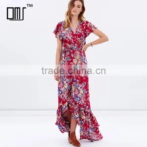 Bambi Bloom Floral Printed Short Sleeve Ruffled Maxi Wrap Dresses thumbnail-1