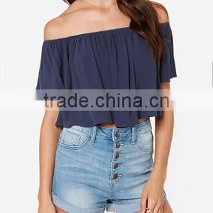 2017 Wholesale Womens Custom off Shoulder Ruffle Top Solid Color thumbnail-5