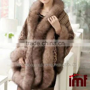 Cashmere and Fox Fur Trim Cape Korean Fashion Poncho thumbnail-2
