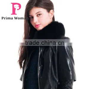 Winter Women Medium Length Slim Fit Leather Coat With Detachable Blue Fox Hat Overcoat thumbnail-5