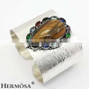 Exclusive Natural Stone Tiger's Eye 925 Sterling Silver Gemstone Wide Band Cuff Bangle thumbnail-1