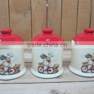 Wholesale Chef Decal Ceramic Tea Coffee Sugar Canisters Set With Red Lid thumbnail-1