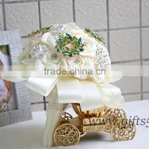 Romantic Wedding Bouquet Full of Crystal Beads and Green Brooches thumbnail-2